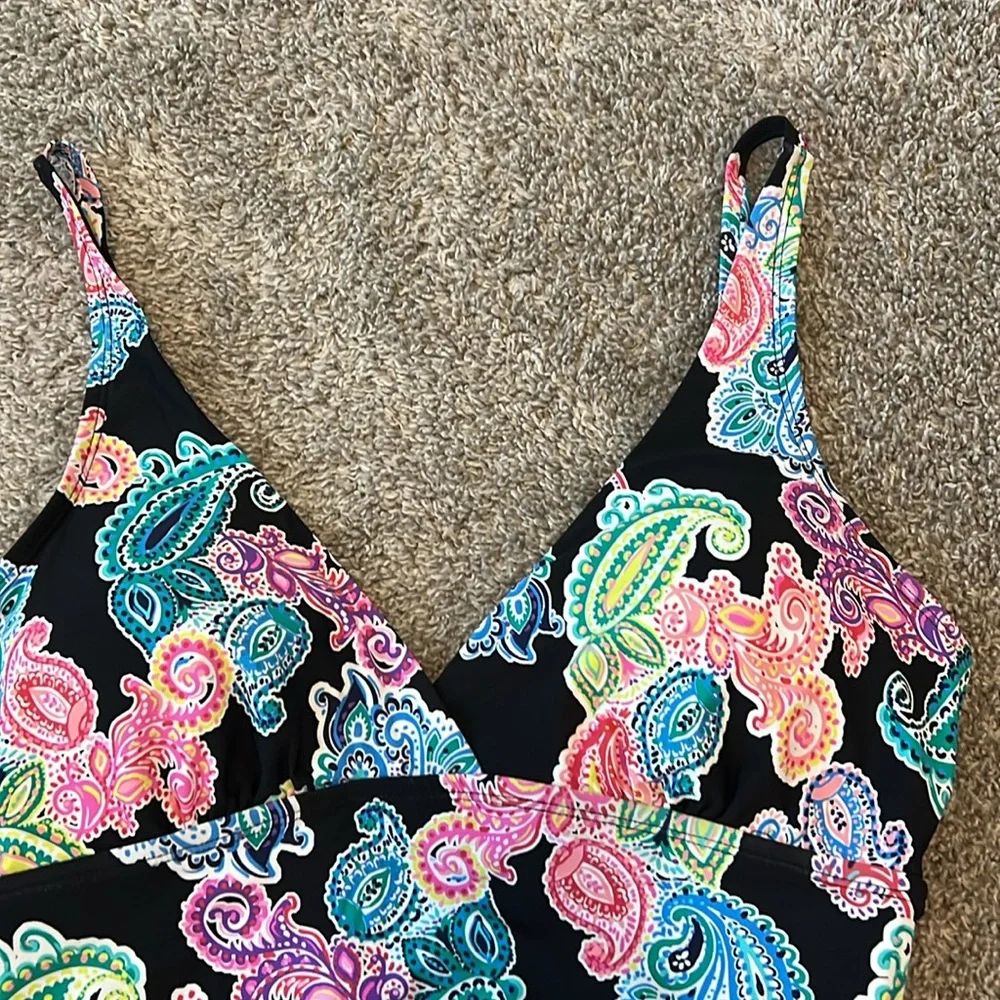 NWT $59 Leilani Poolside Paisley Kauai One Piece Swimsuit 12 Black Colorful New‎